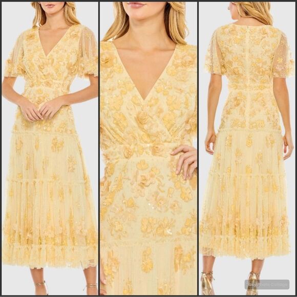 MAC DUGGAL 9207 Yellow Floral Embellished Flutter Sleeve Tiered Dress - Picture 1 of 14
